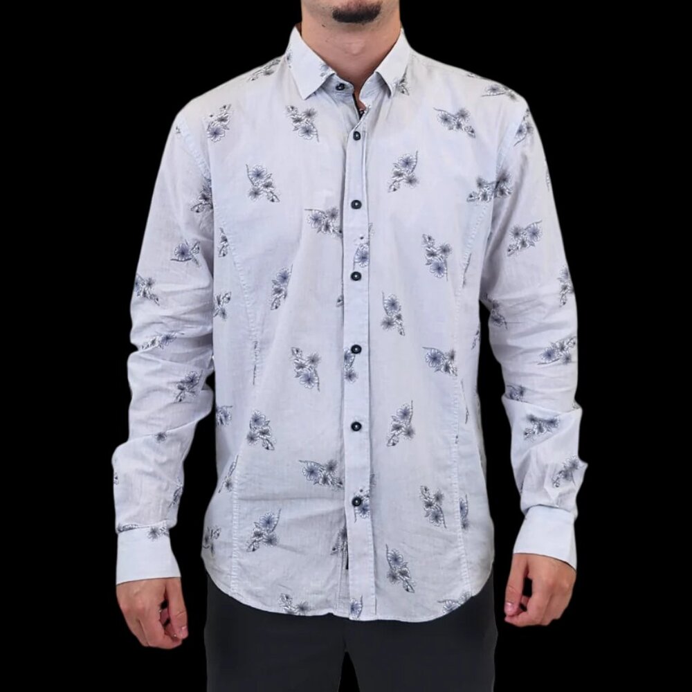 Eight X Light Grey Vertically Striped Floral Print Slim Fit Shirt